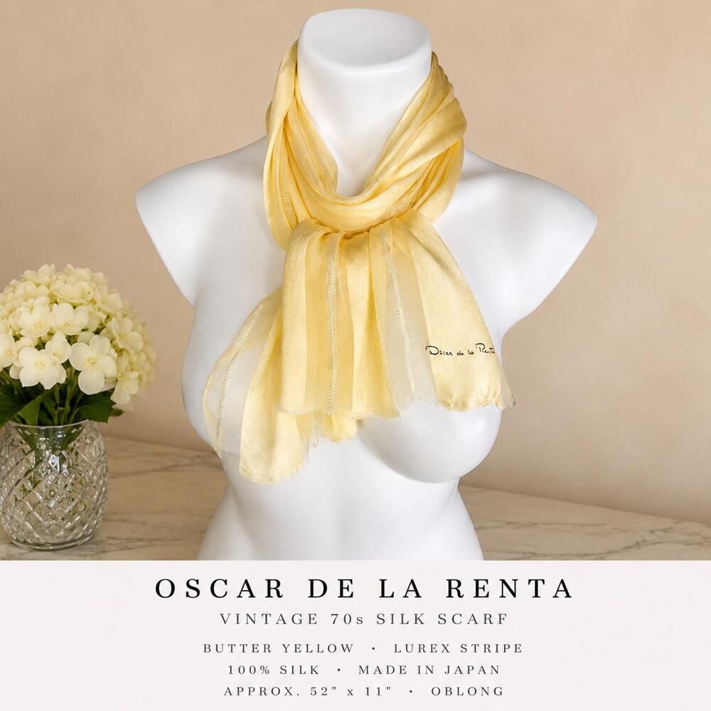 Vintage 70s Oscar de la Renta Silk Scarf Butter Yellow Lurex Stripe Japan 10X52
